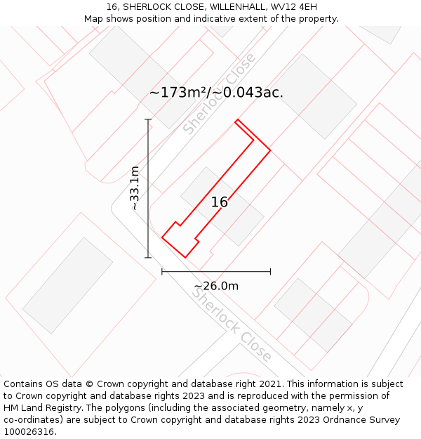 16, SHERLOCK CLOSE, WILLENHALL, WV12 4EH: Plot and title map