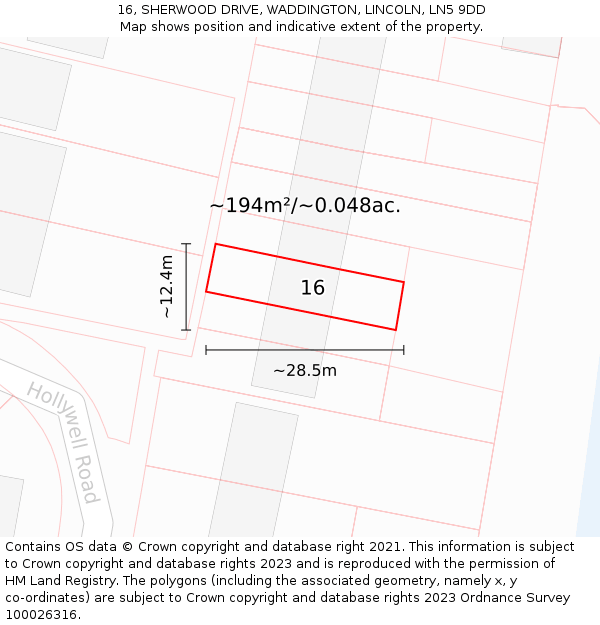16, SHERWOOD DRIVE, WADDINGTON, LINCOLN, LN5 9DD: Plot and title map