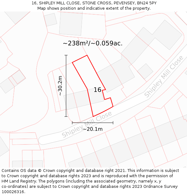 16, SHIPLEY MILL CLOSE, STONE CROSS, PEVENSEY, BN24 5PY: Plot and title map