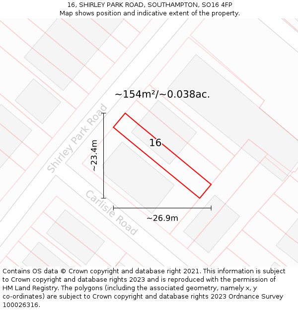 16, SHIRLEY PARK ROAD, SOUTHAMPTON, SO16 4FP: Plot and title map