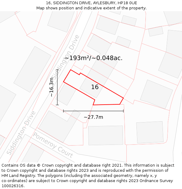 16, SIDDINGTON DRIVE, AYLESBURY, HP18 0UE: Plot and title map