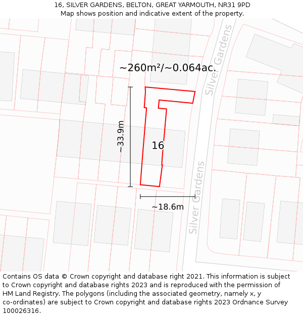 16, SILVER GARDENS, BELTON, GREAT YARMOUTH, NR31 9PD: Plot and title map