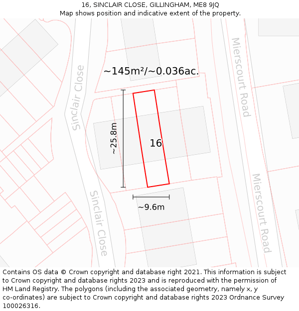 16, SINCLAIR CLOSE, GILLINGHAM, ME8 9JQ: Plot and title map