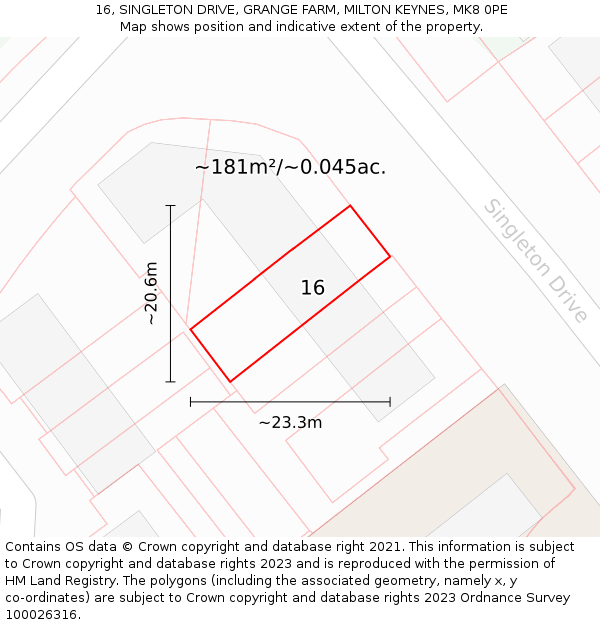 16, SINGLETON DRIVE, GRANGE FARM, MILTON KEYNES, MK8 0PE: Plot and title map