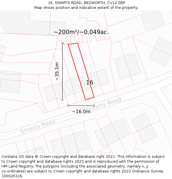 16, SMARTS ROAD, BEDWORTH, CV12 0BP: Plot and title map