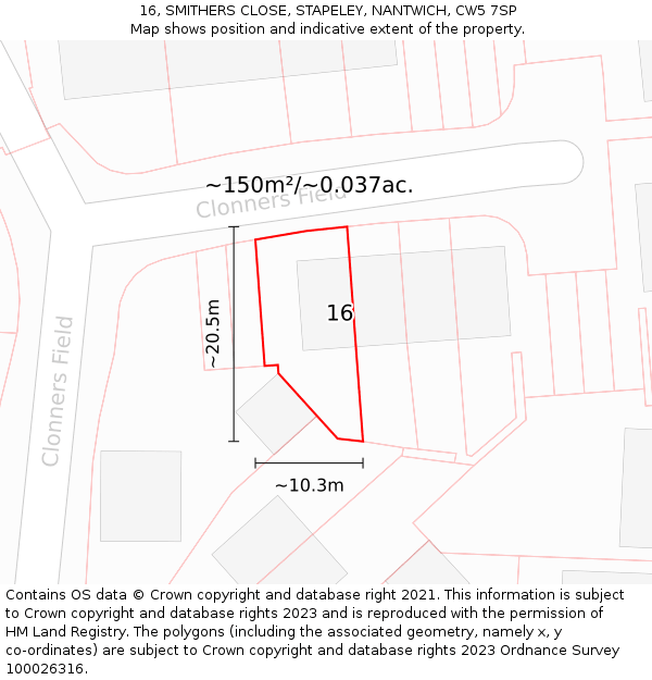 16, SMITHERS CLOSE, STAPELEY, NANTWICH, CW5 7SP: Plot and title map