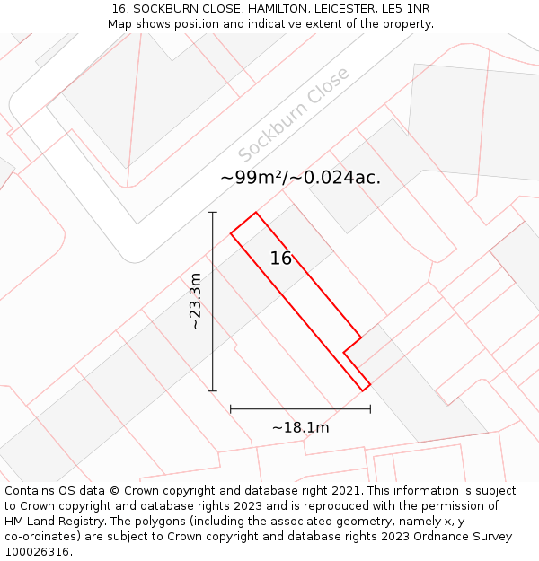 16, SOCKBURN CLOSE, HAMILTON, LEICESTER, LE5 1NR: Plot and title map