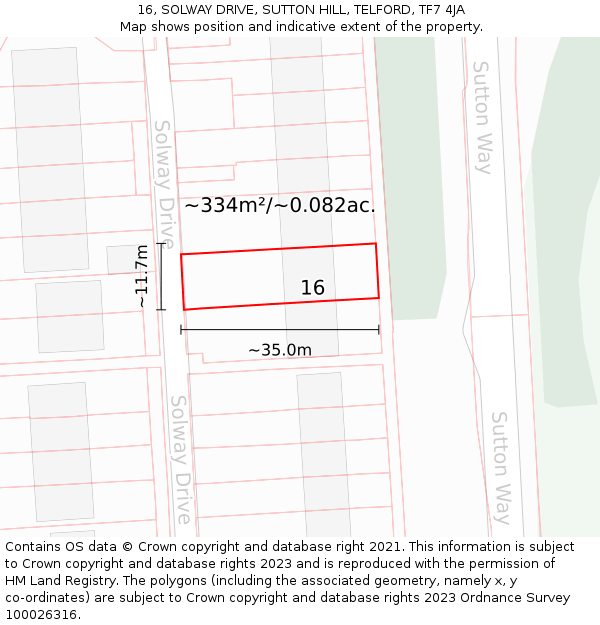 16, SOLWAY DRIVE, SUTTON HILL, TELFORD, TF7 4JA: Plot and title map