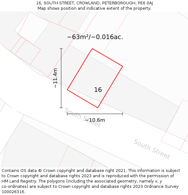 16, SOUTH STREET, CROWLAND, PETERBOROUGH, PE6 0AJ: Plot and title map