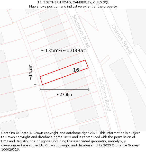 16, SOUTHERN ROAD, CAMBERLEY, GU15 3QL: Plot and title map