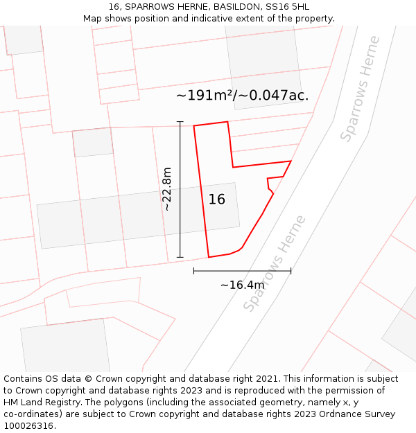 16, SPARROWS HERNE, BASILDON, SS16 5HL: Plot and title map