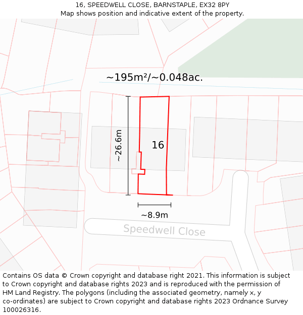 16, SPEEDWELL CLOSE, BARNSTAPLE, EX32 8PY: Plot and title map