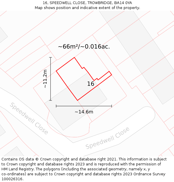 16, SPEEDWELL CLOSE, TROWBRIDGE, BA14 0YA: Plot and title map