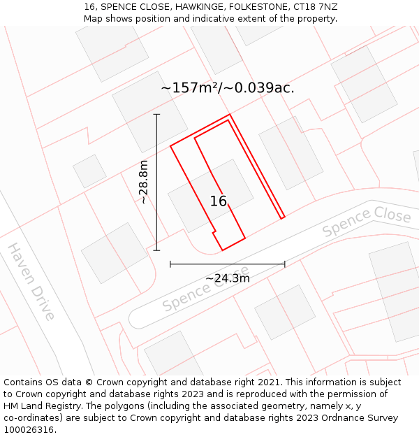 16, SPENCE CLOSE, HAWKINGE, FOLKESTONE, CT18 7NZ: Plot and title map