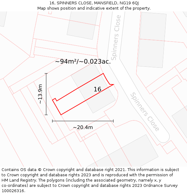 16, SPINNERS CLOSE, MANSFIELD, NG19 6QJ: Plot and title map