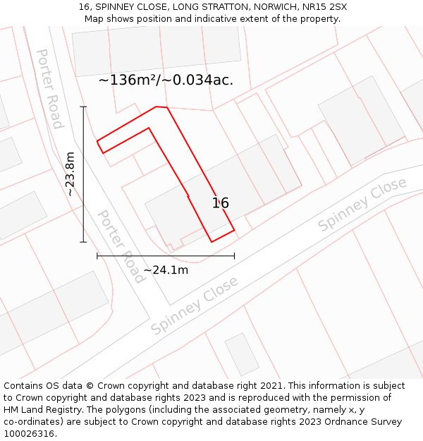 16, SPINNEY CLOSE, LONG STRATTON, NORWICH, NR15 2SX: Plot and title map