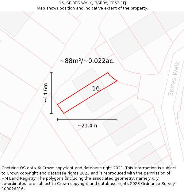 16, SPIRES WALK, BARRY, CF63 1FJ: Plot and title map