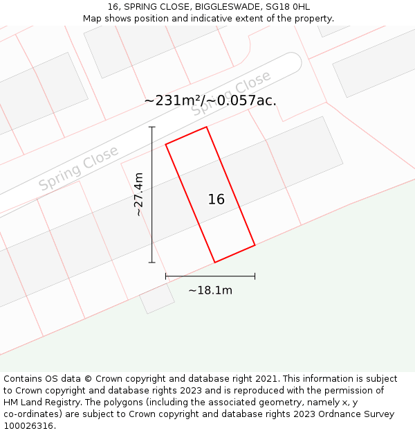 16, SPRING CLOSE, BIGGLESWADE, SG18 0HL: Plot and title map