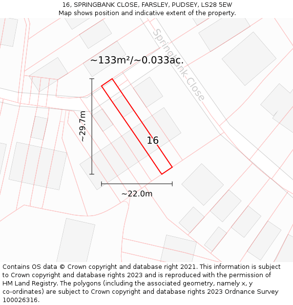 16, SPRINGBANK CLOSE, FARSLEY, PUDSEY, LS28 5EW: Plot and title map