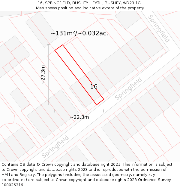 16, SPRINGFIELD, BUSHEY HEATH, BUSHEY, WD23 1GL: Plot and title map
