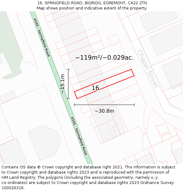 16, SPRINGFIELD ROAD, BIGRIGG, EGREMONT, CA22 2TN: Plot and title map