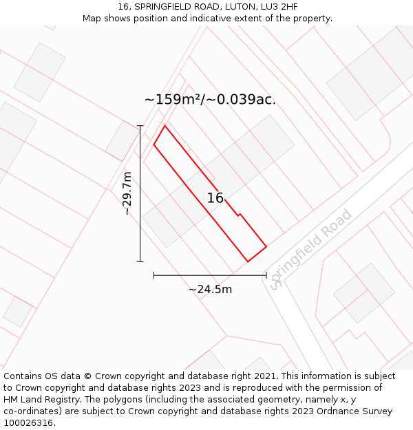 16, SPRINGFIELD ROAD, LUTON, LU3 2HF: Plot and title map