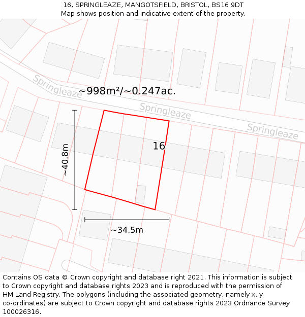 16, SPRINGLEAZE, MANGOTSFIELD, BRISTOL, BS16 9DT: Plot and title map