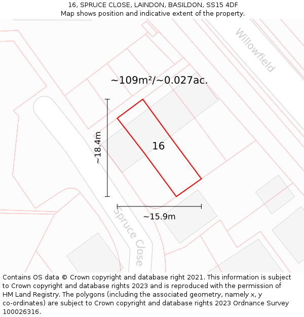 16, SPRUCE CLOSE, LAINDON, BASILDON, SS15 4DF: Plot and title map