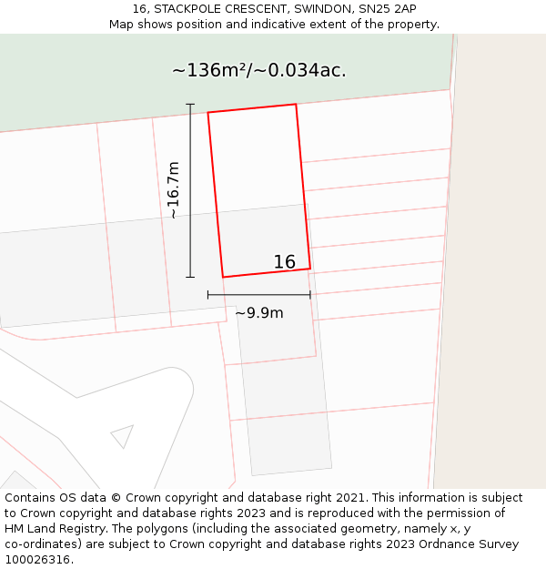16, STACKPOLE CRESCENT, SWINDON, SN25 2AP: Plot and title map