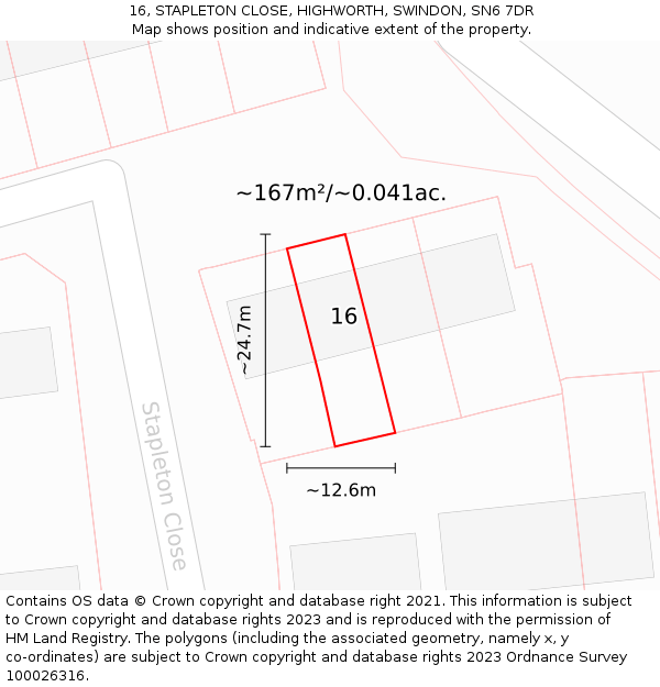 16, STAPLETON CLOSE, HIGHWORTH, SWINDON, SN6 7DR: Plot and title map