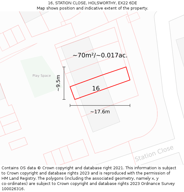 16, STATION CLOSE, HOLSWORTHY, EX22 6DE: Plot and title map