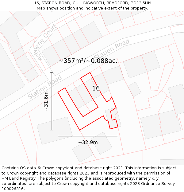 16, STATION ROAD, CULLINGWORTH, BRADFORD, BD13 5HN: Plot and title map
