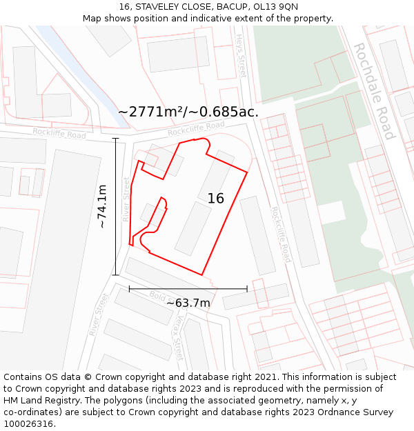 16, STAVELEY CLOSE, BACUP, OL13 9QN: Plot and title map