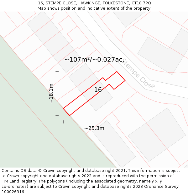 16, STEMPE CLOSE, HAWKINGE, FOLKESTONE, CT18 7PQ: Plot and title map