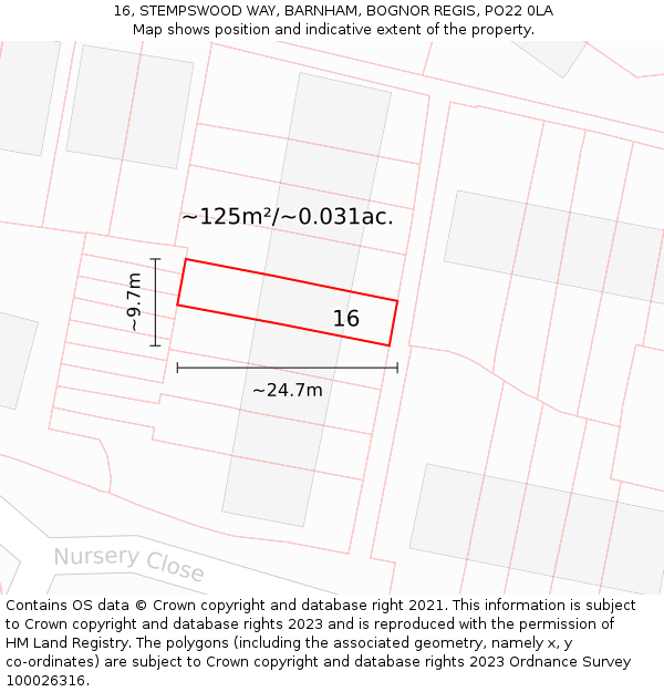 16, STEMPSWOOD WAY, BARNHAM, BOGNOR REGIS, PO22 0LA: Plot and title map