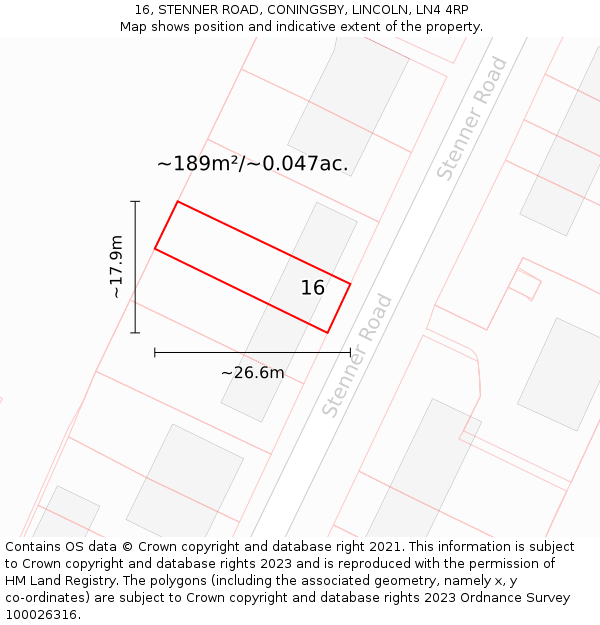 16, STENNER ROAD, CONINGSBY, LINCOLN, LN4 4RP: Plot and title map