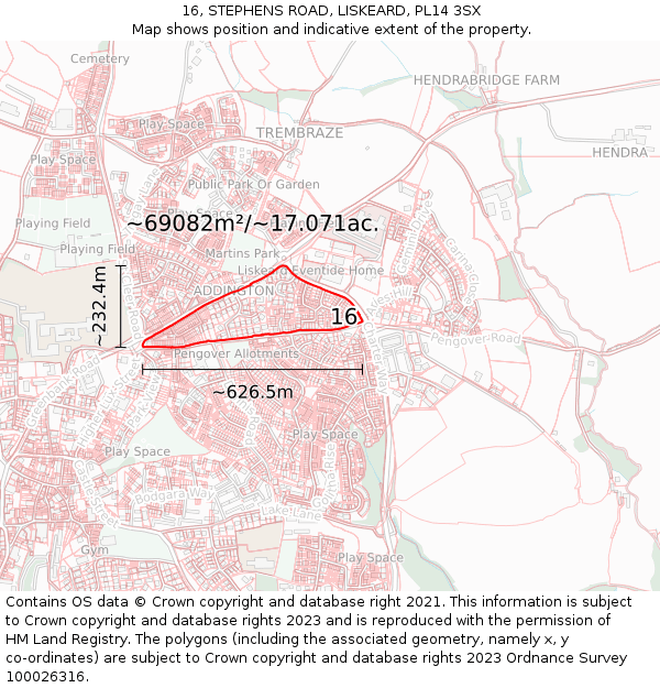 16, STEPHENS ROAD, LISKEARD, PL14 3SX: Plot and title map