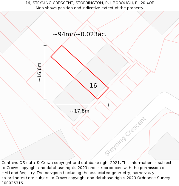 16, STEYNING CRESCENT, STORRINGTON, PULBOROUGH, RH20 4QB: Plot and title map