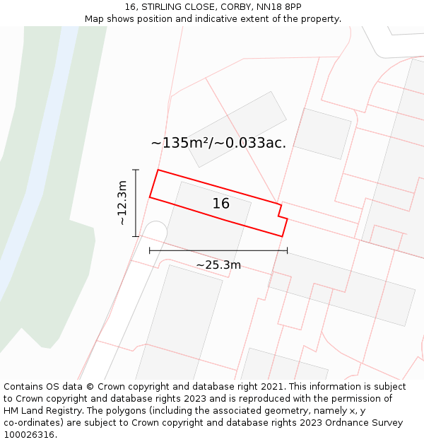 16, STIRLING CLOSE, CORBY, NN18 8PP: Plot and title map