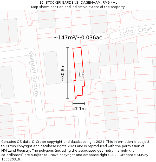16, STOCKER GARDENS, DAGENHAM, RM9 4HL: Plot and title map
