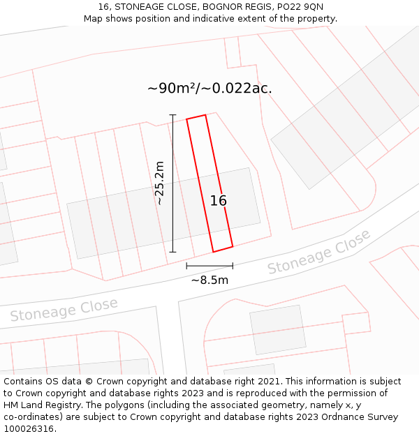 16, STONEAGE CLOSE, BOGNOR REGIS, PO22 9QN: Plot and title map