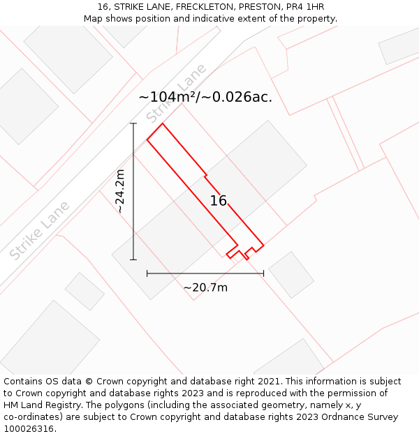16, STRIKE LANE, FRECKLETON, PRESTON, PR4 1HR: Plot and title map