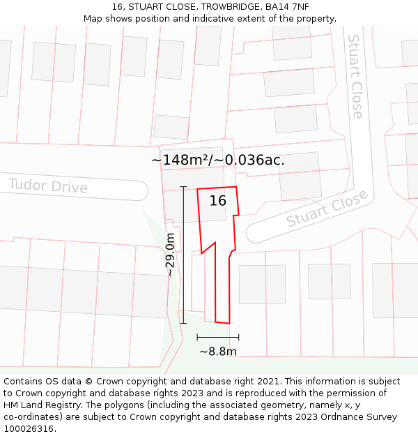 16, STUART CLOSE, TROWBRIDGE, BA14 7NF: Plot and title map