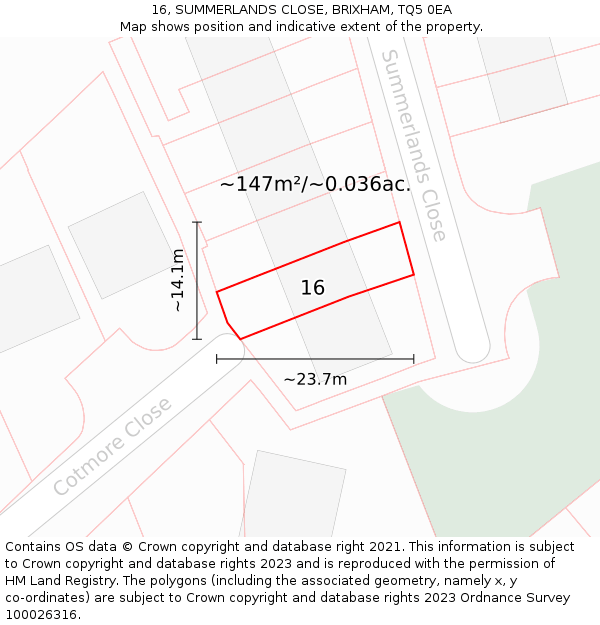 16, SUMMERLANDS CLOSE, BRIXHAM, TQ5 0EA: Plot and title map
