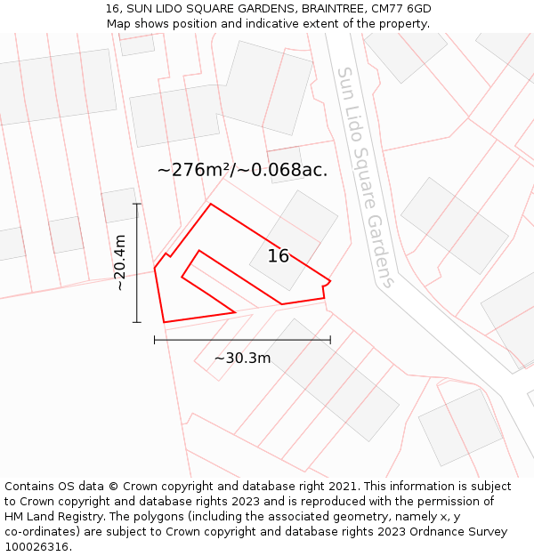 16, SUN LIDO SQUARE GARDENS, BRAINTREE, CM77 6GD: Plot and title map