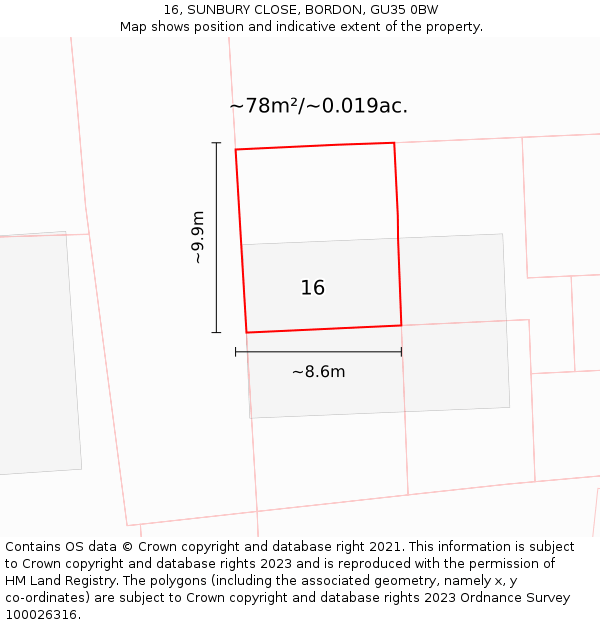 16, SUNBURY CLOSE, BORDON, GU35 0BW: Plot and title map
