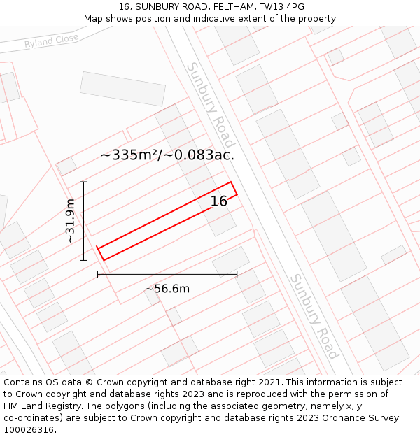 16, SUNBURY ROAD, FELTHAM, TW13 4PG: Plot and title map