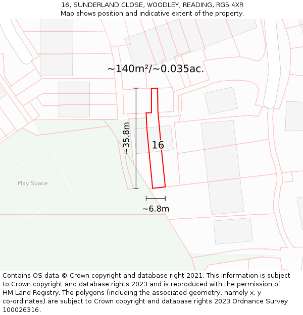 16, SUNDERLAND CLOSE, WOODLEY, READING, RG5 4XR: Plot and title map