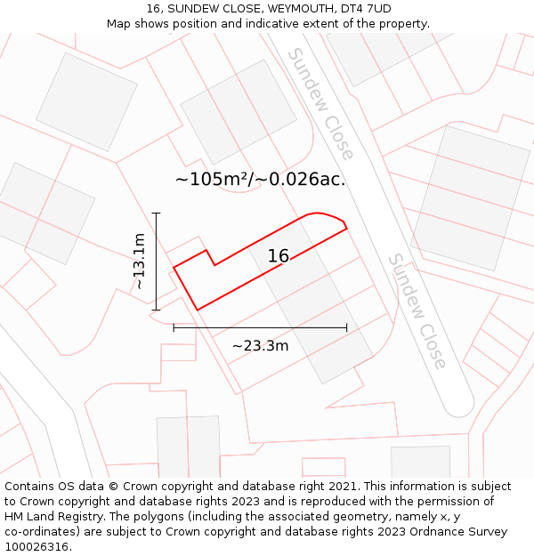 16, SUNDEW CLOSE, WEYMOUTH, DT4 7UD: Plot and title map