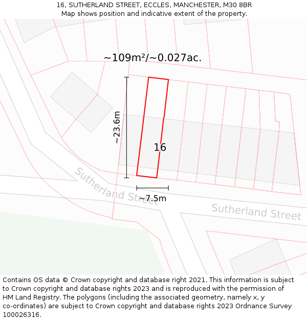 16, SUTHERLAND STREET, ECCLES, MANCHESTER, M30 8BR: Plot and title map